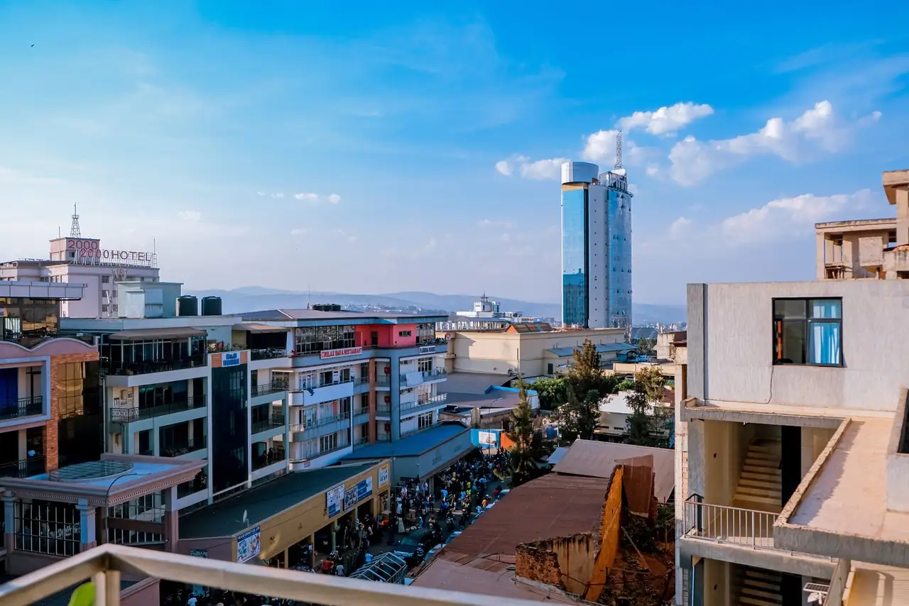 Panoramic view of modern buildings in downtown Kigali, showcasing urban development.